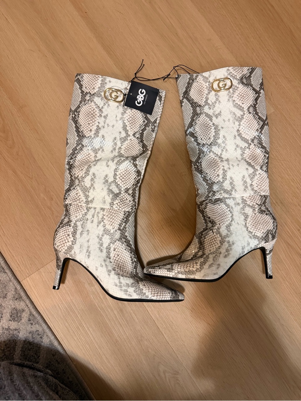 GBG Los Angeles Snake-Print Pointed Mid-Calf Boots in Ivory and Taupe